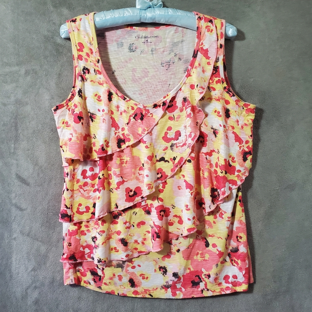 Croft & Barrow Tiered Ruffle Layered Front Tank Top Pink & Yellow Floral…